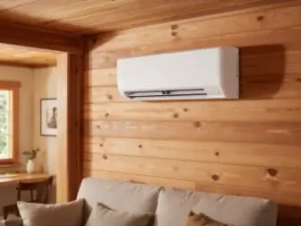 Mini-split wall unit mounted in a cabin living room