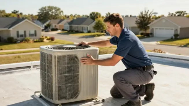 HVAC technician servicing an air conditioning unit on a residential rooftop