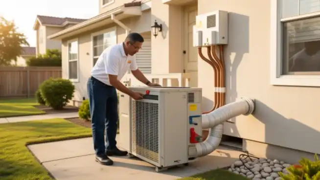 Technician installing a new central air conditioning system